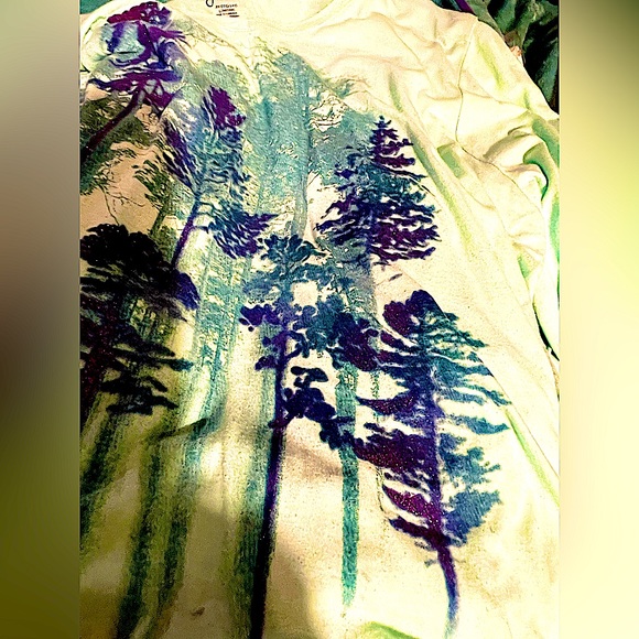 purple glitter with Tall teal trees long sleeve tunic soft stretchy top Rare vtg - Picture 2 of 7